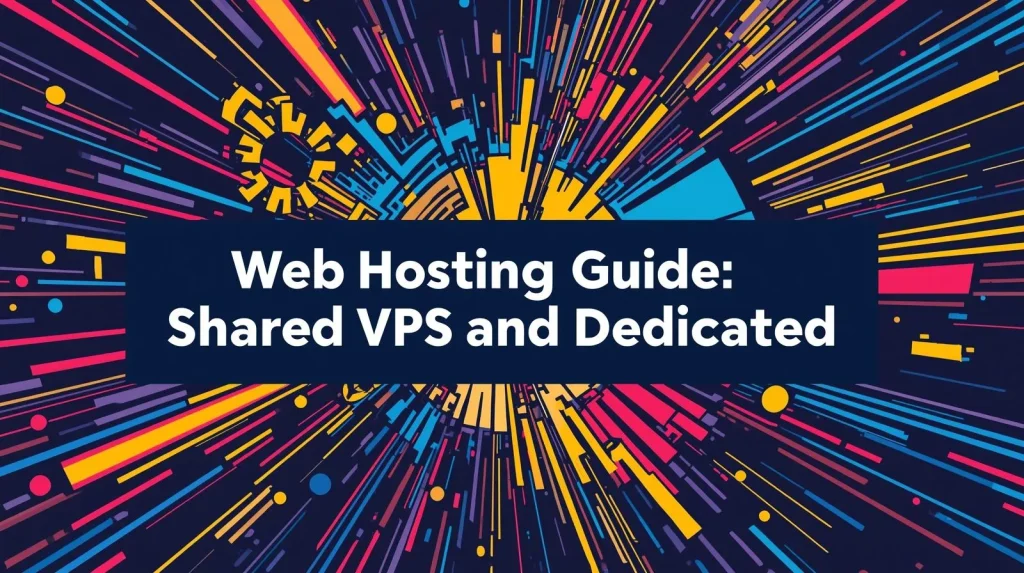 Colorful abstract digital burst graphic featuring text 'Web Hosting Guide: Shared VPS and Dedicated' for a web development blog post.