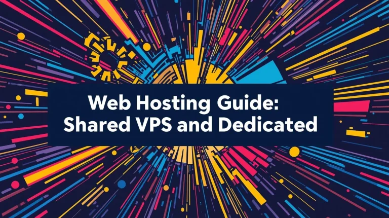 Colorful abstract digital burst graphic featuring text 'Web Hosting Guide: Shared VPS and Dedicated' for a web development blog post.