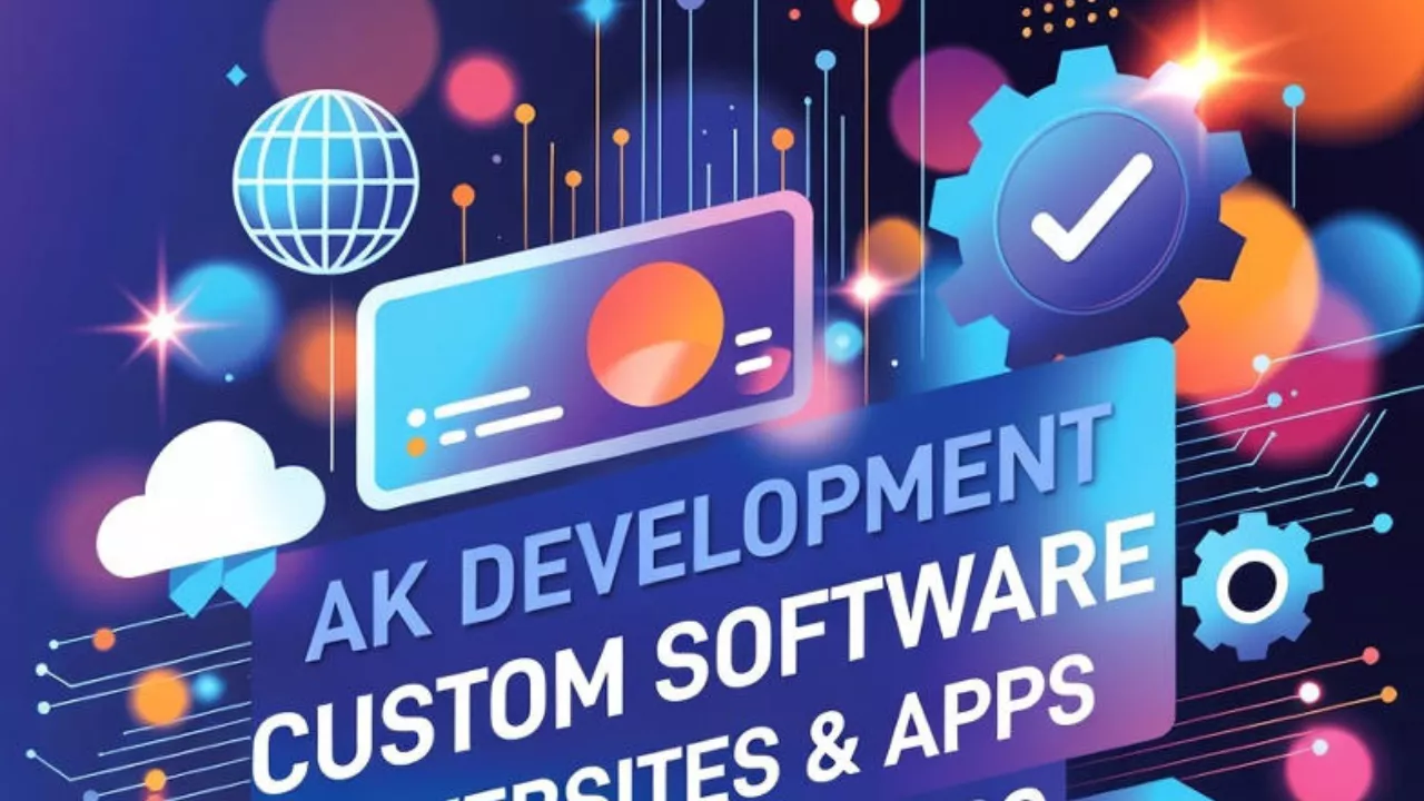 Ak Development custom software development services – vibrant futuristic hero image featuring websites, mobile apps, cloud solutions, and API integrations with glowing digital elements and circuit patterns