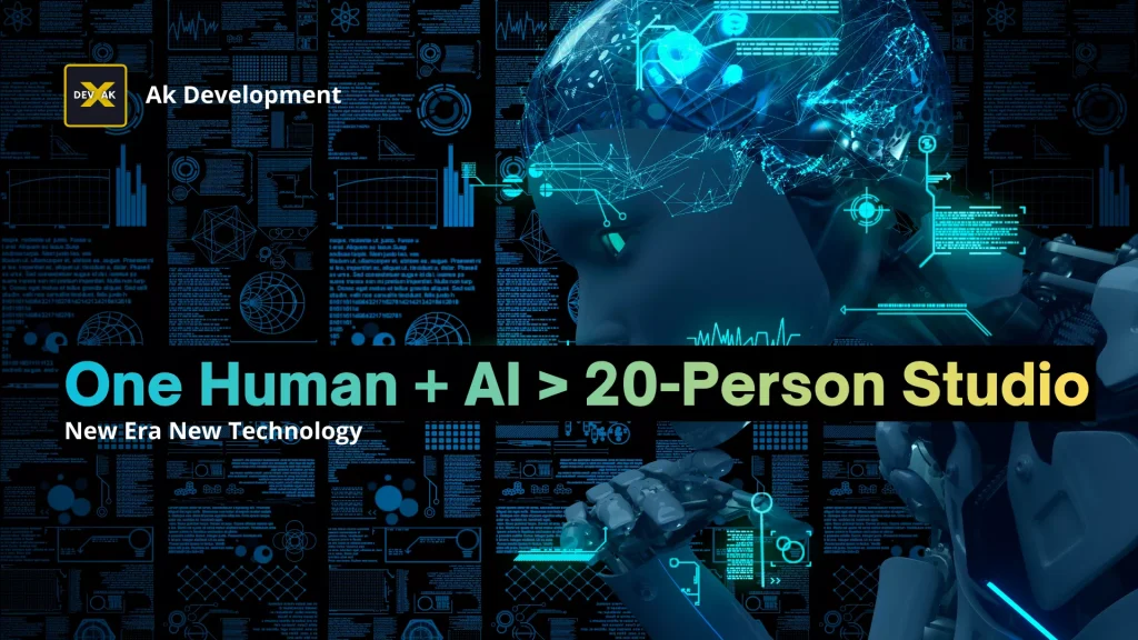 A futuristic digital artwork showing a human silhouette connected to glowing AI neural networks, with bold text “One Human + AI > 20-Person Studio” and “New Era New Technology” – symbolizing the solo founder revolution in 2026.