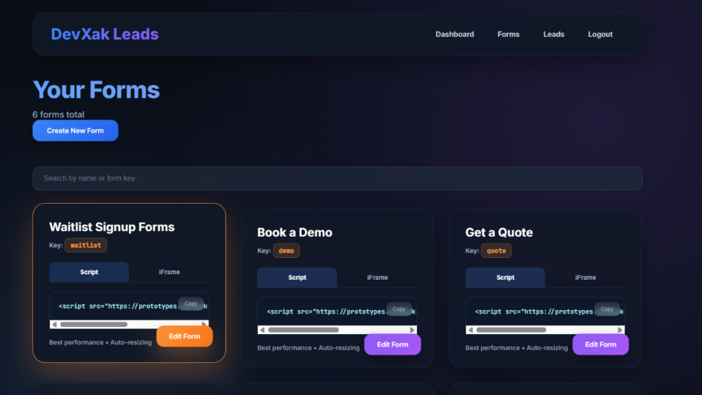Forms management page in DevXak Leads, showing customizable embedded forms for waitlist, demo, and quote with unique script keys