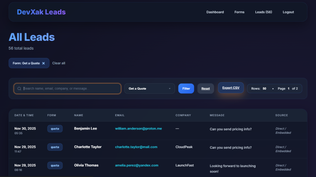 Leads overview table in DevXak Leads, filtering form submissions by date, name, email, company, and source for full data ownership