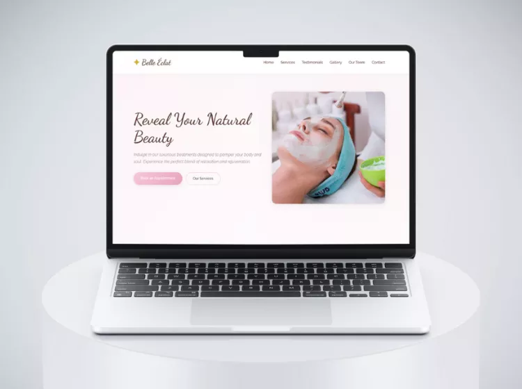 Beauty Center Landing Page template by Ak Development. Promotional Mockup of a laptop showing the hero section of the landing page.