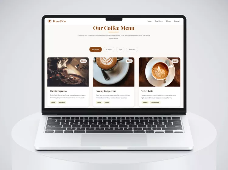 Coffee Shops Landing Page template by Ak Development. Promotional Mockup of a laptop showing the hero section of the landing page.