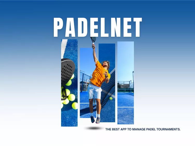 Promotional Design for PadelNet project for Padel Lovers, Made by Ak Development. Showing a man playing padel tennis.